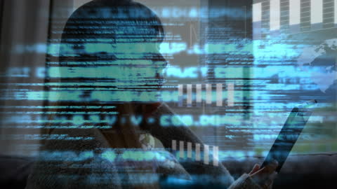 Girl Using Digital Tablet Surrounded by Coding Overlay