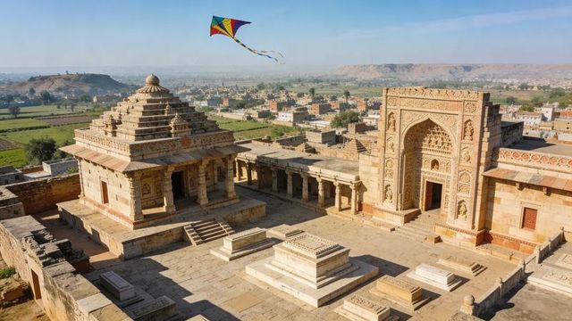 Sunlit sandstone temple complex featuring stepped shrine, ornate archway and kite soaring