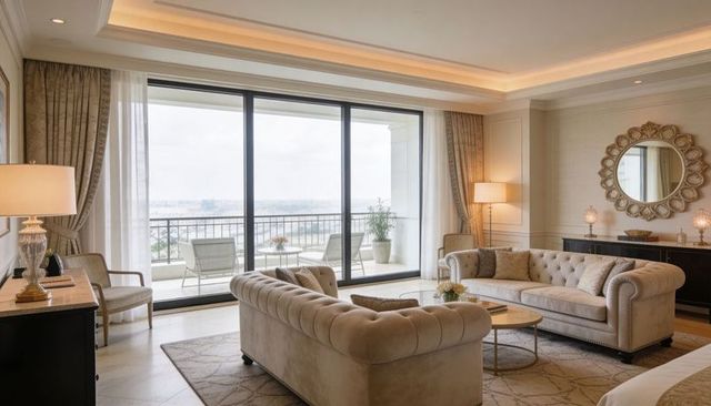Elegant neutral living room showcasing tufted chesterfield sofas, glass doors and balcony view