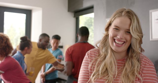 Smiling Caucasian Woman Among Diverse Group of Friends Socializing - Download Free Stock Images Pikwizard.com