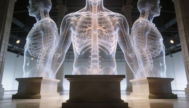 Translucent luminescent torso triptych showing glowing spine and ribcage on stone plinths