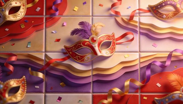 Ornate red gold venetian masquerade mask with feathers on layered tiled carnival backdrop