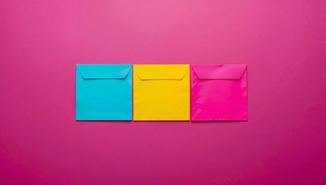 Colorful Envelopes on Pink Background, Cyan Yellow Magenta Trio