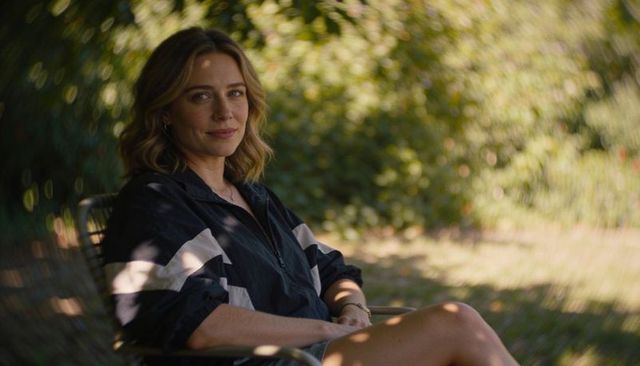 Relaxed woman sitting in shaded garden chair wearing zip-up athletic jacket and shorts
