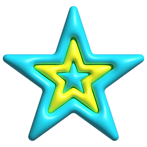 Glossy 3-layer transparent star emblem in turquoise and lime with beveled 3d badge