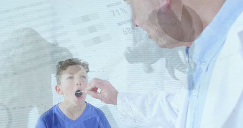 Doctor examining young patient with digital interface overlay