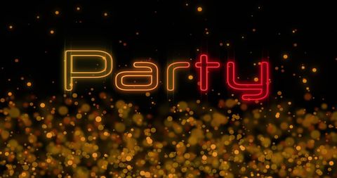 Colorful Neon Party Text with Glowing Golden Bokeh