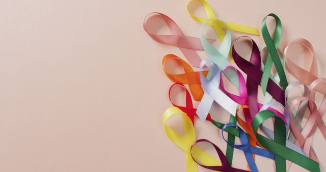 Image of colourful cancer ribbons on pale pink background. medical awareness support campaign symbols for various cancers.
