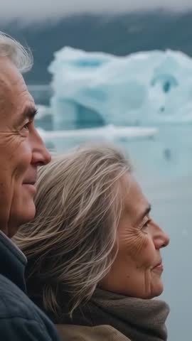 Senior couple gazing at iceberg in glacial lagoon vertical video travel and reflection