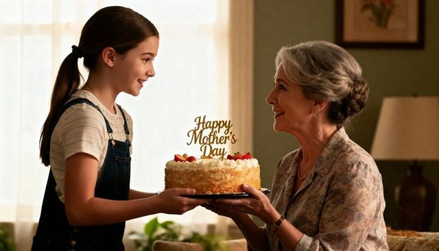 Granddaughter presenting mother's day cake to grandmother with gold topper in sunlit living room