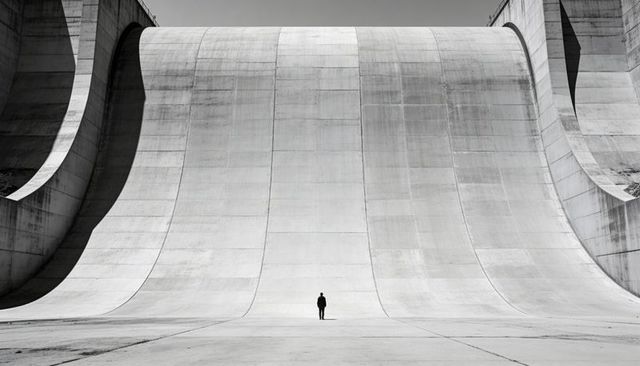 Solitary Figure Standing Before Monumental Curved Concrete Spillway Minimalist Monochrome