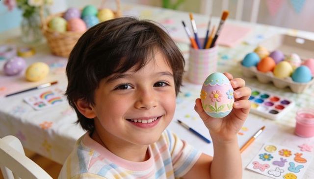 Smiling boy holding hand-painted pastel easter egg while doing spring craft activity