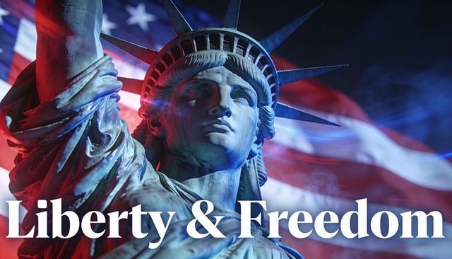 Statue of liberty close-up with american flag glowing red blue patriotic lighting