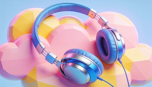 Metallic blue over-ear headphones on faceted pastel cloud, music streaming concept