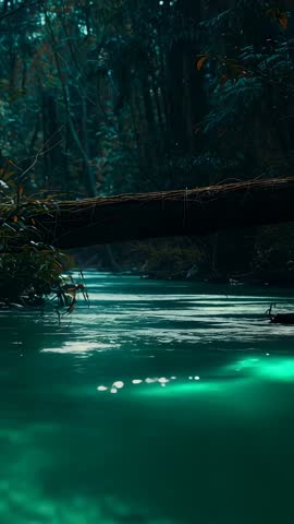 Turquoise forest stream flowing under fallen log | vertical video of rippling creek and canopy