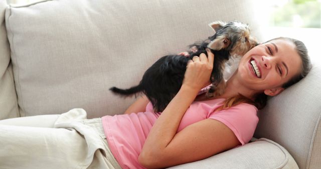 Young Woman Laughing and Playing with Puppy on Sofa at Home - Download Free Stock Images Pikwizard.com