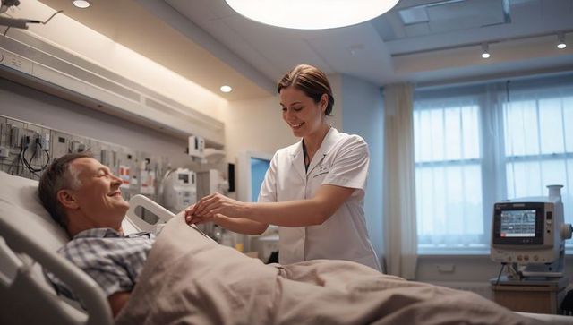 Nurse caring for senior patient in hospital bed smiling during bedside care with monitor