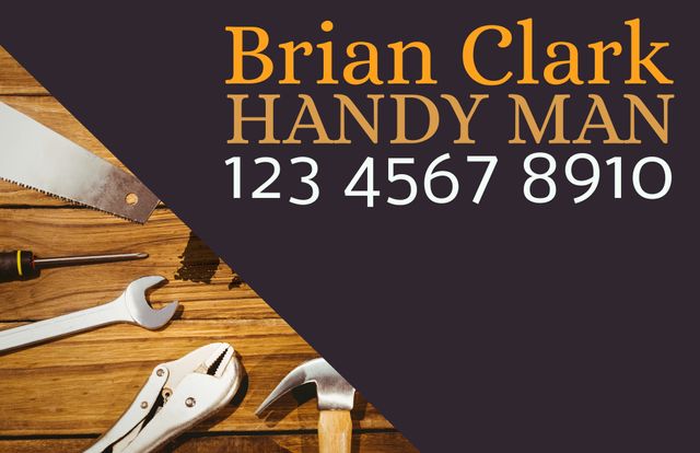 Illustrative card featuring various hand tools on a wooden background with contact information for handyman services. Useful for promoting carpentry, repair, and maintenance services. Ideal for flyers, business cards, advertisements, and online promotions.
