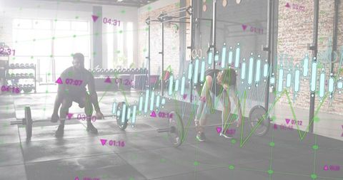 Training partners doing deadlifts in industrial gym with digital performance overlay