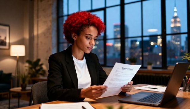 Businesswoman with red hair reading contract in modern loft office at dusk with laptop and city view