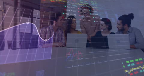 Team Collaborating with Digital Stock Market Overlay in Modern Office