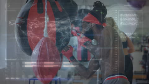 Boxing Training with Futuristic Digital Interface Overlay