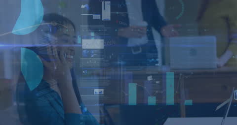 Businesswoman Communicating with Digital Interface Overlays