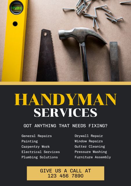 This image displays an advertisement for handyman services. The image includes various tools such as a level, saw, and screws, along with a list of services offered including general repairs, painting, carpentry work, and more. It can be used for marketing, creating flyers, or online advertisements of local handyman services. Ideal for businesses looking to attract customers needing repair or maintenance work.