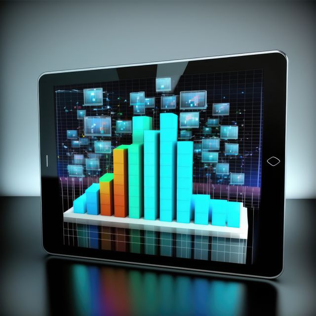 High-resolution image highlighting a tablet screen showing a 3D bar graph alongside multiple digital data screens. Ideal for illustrating concepts related to business analytics, data visualization, modern technology, and financial statistics. Suitable for use in presentations, tech articles, business reports, and educational materials on data analysis.