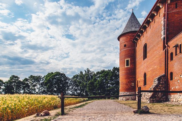 The historic red brick castle stands tall with its distinctive tower, set against a backdrop of lush trees and a golden field. A gravel pathway leads to the entrance of the medieval fortification, which exudes a timeless charm. The sky is filled with scattered clouds, adding depth and serenity to the rural landscape. This image is perfect for illustrating travel destinations, historical landmarks, conservation efforts, or architectural studies.