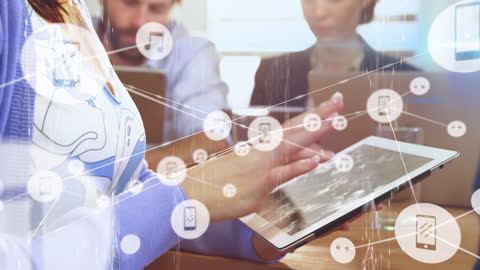 Caucasian Businesswoman Navigating Digital Network on Tablet