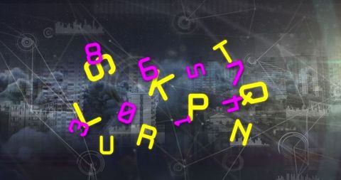 Floating Neon Symbols on Digital Network Background
