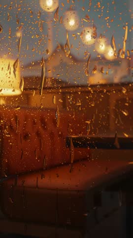 Vertical clip showing raindrops falling on cafe window, forming rivulets with warm lamp glow