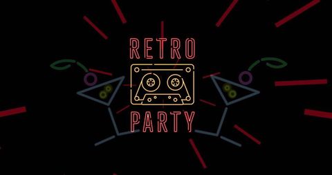 Retro party neon tape with stylized cocktail glasses