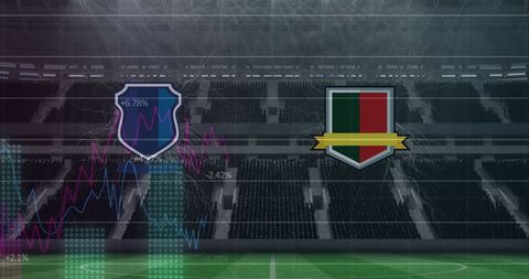 Futuristic Sports Stadium with Team Emblems and Analytics Graphs - Download Free Stock Images Pikwizard.com