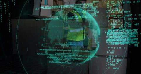 Site Worker Interacting with Holographic Globe and Code Overlay