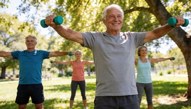 Smiling senior man raising teal dumbbells during outdoor group fitness class in park