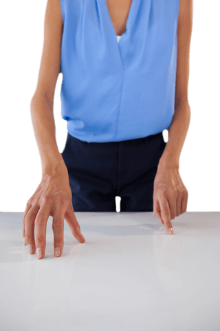 Transparent businesswoman's hands with gesturing on table