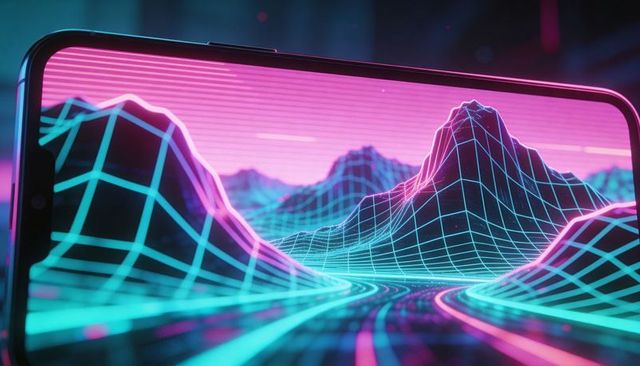 Smartphone displaying neon 3d wireframe landscape for cyberpunk synthwave design