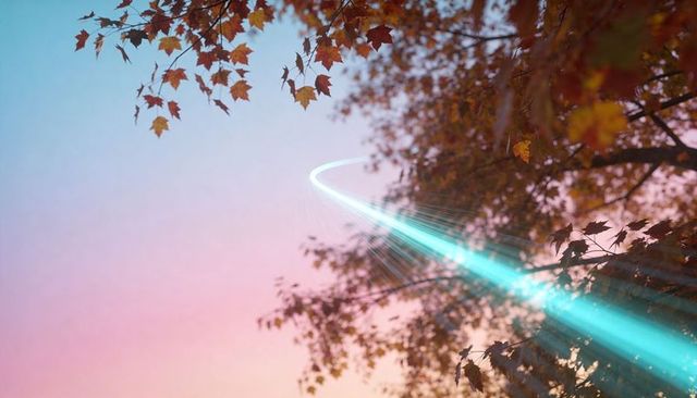 Turquoise light arc cutting through pastel dusk sky above maple canopy, glowing trail