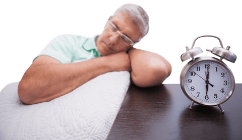 Senior man napping peacefully near alarm clock transparent background