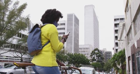 Woman with Face Mask Using Smartphone on City Street - Download Free Stock Images Pikwizard.com