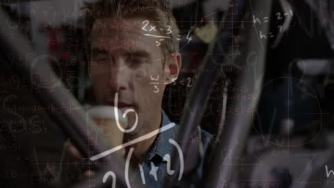 Mechanic Examining Blueprints with Mathematical Concepts Overlaid