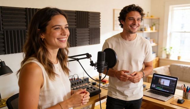 Smiling couple recording lively podcast in cozy home studio with condenser mic and laptop