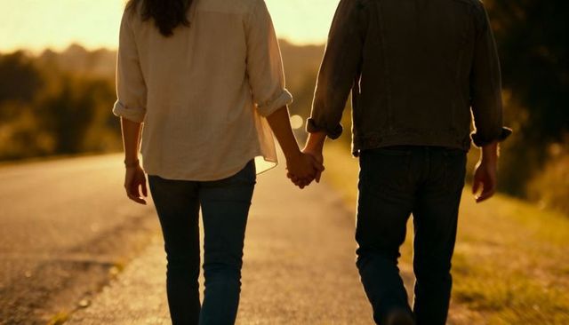 Couple Walking Hand in Hand on Sunlit Country Road During Golden Hour Romantic Stroll