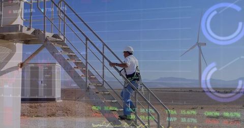 Technician Ascending Turbine Stairs with Holographic Data Screens