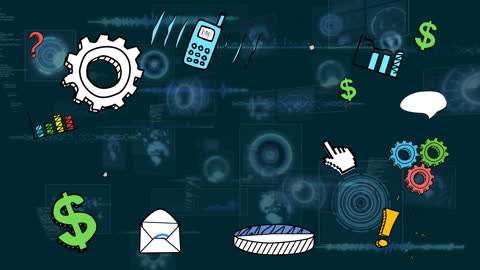 Animated Business Icons Over Digital Data Interface