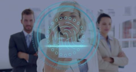 Executives touching biometric fingerprint hologram for secure access in modern office