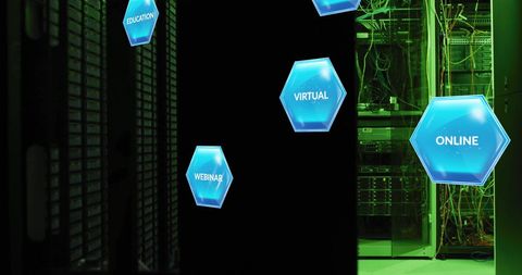 Hexagonal technology icons over high-tech server room