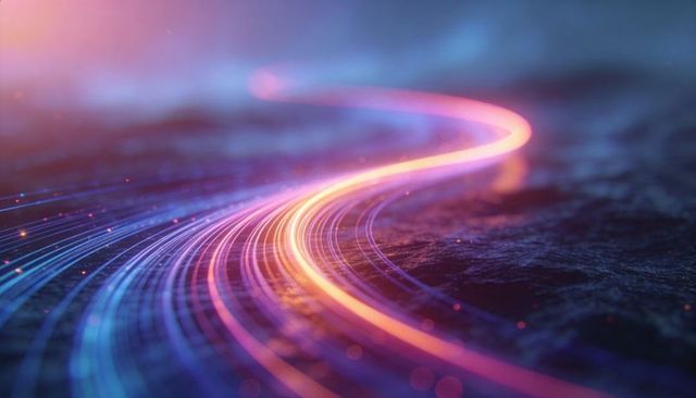 Curving neon light trail across futuristic digital landscape with glowing particle bokeh